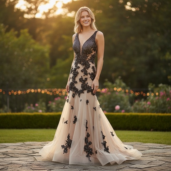 Nude and black gown mesh low cut front prom dress - Picture 15 of 15